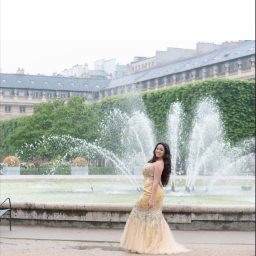 Yellow, beaded gown